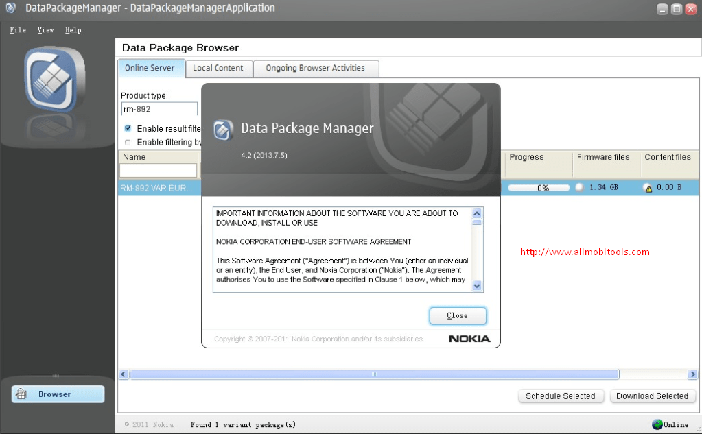 Nokia data package manager password